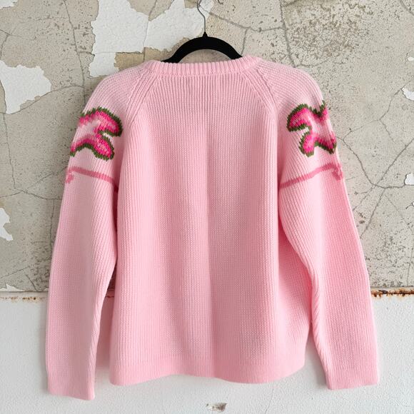 Vtg 80s Sweater Pink Textured Knit Green Pom Coquette Granny Cottagecore Women L - Picture 4 of 10